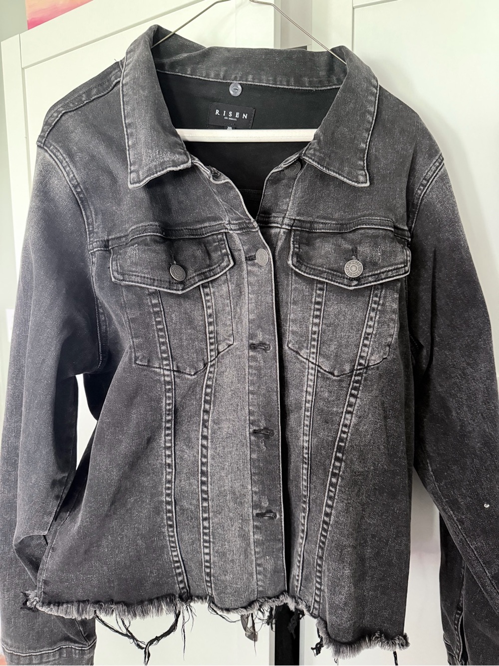Risen Washed Black Denim Jacket with Distressed Hem